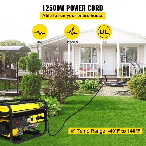 Rock Solid 25 Foot 50 Amp Generator Extension Cord With Nema 14 50P To Raw End Wire for outdoor generator setup in yard.