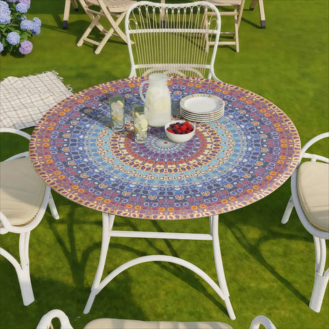 Fitted Round Tablecloth For 45 To 54 Inch Tables Boho Vinyl Indoor Outdoor Patio Cover on garden table with plates and drinks