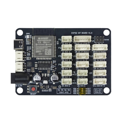 Top view of IoT Dope Development Board with WROOM-32E Module and 2-Channel Motor Driver showing USB-C port and multiple PH2.0 ports.