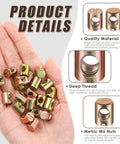 Hand holding bulk 50 Pcs M6 Barrel Nuts Kit For Cross Dowels Slotted Nuts Replacement Hardware, gold finish, product details shown