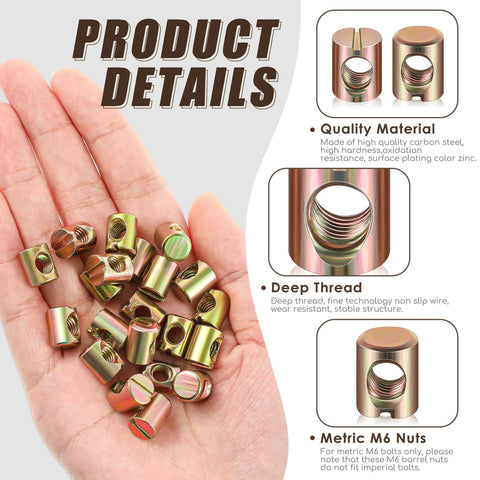 Hand holding bulk 50 Pcs M6 Barrel Nuts Kit For Cross Dowels Slotted Nuts Replacement Hardware, gold finish, product details shown
