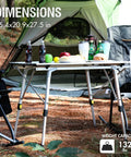 Foldable Outdoor Picnic Camping Table with adjustable height aluminum legs near tent, loaded with food and drinks.