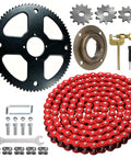 Beefed Up 75 Tooth Sprocket And 108 Link Drive Chain Upgrade Kit For Razor MX650 MX500 SX500 RSF650 Electric Dirt Bike Dirt Rocket With MY1020 Motor Accessories Red, showcasing a black sprocket, red chain, and metal tools.