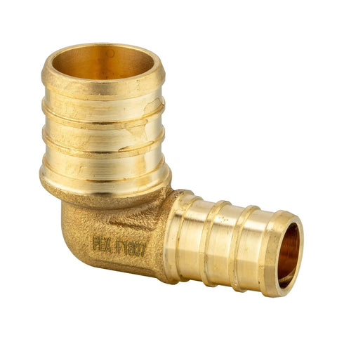 Close-up of a brass crimp elbow fitting, 3/4 to 1/2 inch, part of a Pack Of 10 Three Quarter Inch Pex To One Half Inch Reducing Elbow Brass Crimp Fittings Pro Grade For Pex Tubing ASTM F1807 Lead Free Works With Stainless Steel Clamp And Copper Crimp Ring Systems.