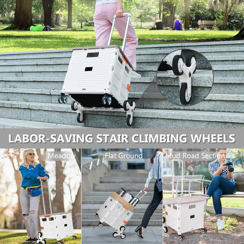 Foldable Utility Cart With Stair Climbing Wheels, Collapsible Rolling Crate on stairs with magnetic lid and telescoping handle, milky white