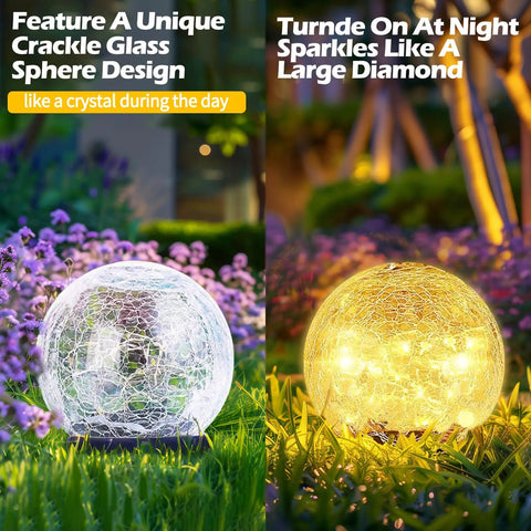 Outdoor Solar Globe Lights With 50 LED Crackled Glass Orbs Waterproof No Wiring Ground Lights for Path Yard Patio Lawn Christmas Decor Warm White 2 Pack 4.7 Inches. Close-up of glowing crackled glass orb at night.