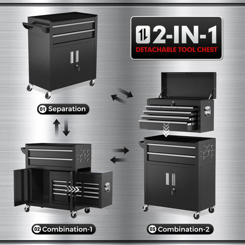 Heavy Duty Rolling Tool Chest With Eight Smooth Glide Drawers, Detachable Top Box And Bottom Cart, Hella Sturdy Steel Frame With Rubber Liners And Hook Racks, Secure Locking, Pro Gear For Garage Or Shop Work In Matte Black