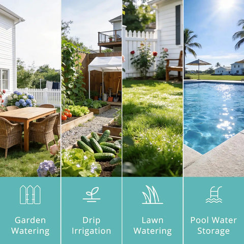 Collage of outdoor settings showing garden watering, drip irrigation, lawn watering, and pool water storage setups.