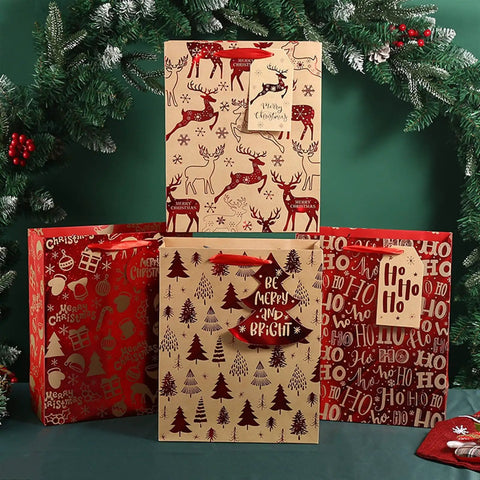 12 Piece Set Of Large Kraft White Gift Bags With Red Paper Accents For Candy Packaging Great For Store Displays Parties And Festivals Includes Letter Hang Tags Sized 26x32x10 Cm, featuring Christmas designs and decor.