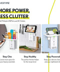 Collage of 8 Outlet Wall Outlet Extender With 3 USB Ports And Built In Shelf Charging Station, various uses in home settings.