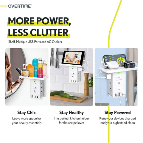 Collage of 8 Outlet Wall Outlet Extender With 3 USB Ports And Built In Shelf Charging Station, various uses in home settings.
