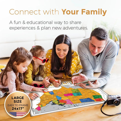 Family using Scratch Off USA Map Wall Poster With All 63 National Parks 50 Landmarks And State Flags 24x17 Travel Tracker on floor