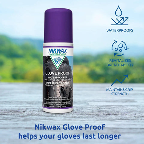Glove Proof High Performance Waterproofing Treatment Restores DWR Water Repellency bottle for leather and fabric gloves with benefits.