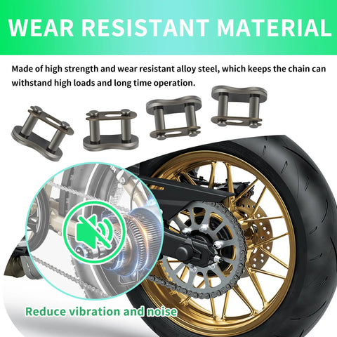 Heavy Duty 420 Chain Master Link With Quiet Roller Design For Smooth Motorcycle And Dirt Bike Drivetrains showing alloy steel connectors.