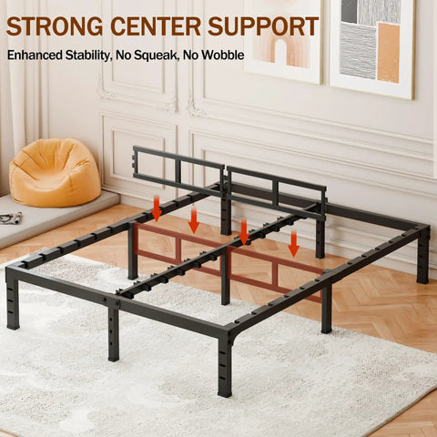 Rock Solid Full Size Bed Frame Featuring Heavy Duty Steel Slats And Recessed Middle Support Holds Three Thousand Five Hundred Pounds with strong center support.