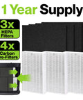 Three Pack HEPA Filter Set for HPA300 Air Purifier by Honeywell with 3 HEPA and 4 carbon pre-filters shown with purifier