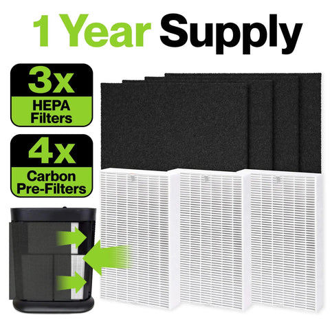 Three Pack HEPA Filter Set for HPA300 Air Purifier by Honeywell with 3 HEPA and 4 carbon pre-filters shown with purifier