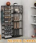 Tall Garage Shoe Rack Holds 28 To 32 Pairs Shoes And Boots With Two Rows And Versatile Hooks In Black For Entryway Closet Or Garage Extra Large Capacity Organizer, shown with shoes and boots neatly organized in a corner with sports items.