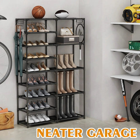 Tall Garage Shoe Rack Holds 28 To 32 Pairs Shoes And Boots With Two Rows And Versatile Hooks In Black For Entryway Closet Or Garage Extra Large Capacity Organizer, shown with shoes and boots neatly organized in a corner with sports items.