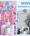 Comparison of balloon arch setups with and without 10 Pack Balloon Arch Clips Kit 3.5 Inch Heavy Duty Clear Plastic Spring Clamps.