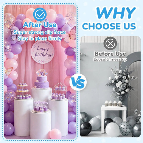 Comparison of balloon arch setups with and without 10 Pack Balloon Arch Clips Kit 3.5 Inch Heavy Duty Clear Plastic Spring Clamps.
