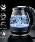 1.5L Borosilicate Glass Electric Kettle With Auto Shut Off, Boil Dry Protection, BPA Free, black finish, blue LED halo on.