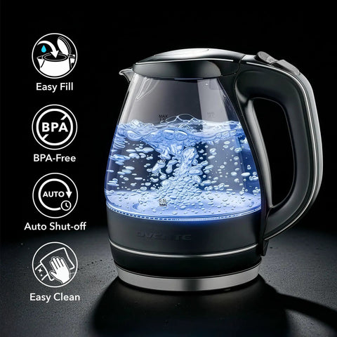 1.5L Borosilicate Glass Electric Kettle With Auto Shut Off, Boil Dry Protection, BPA Free, black finish, blue LED halo on.