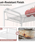Close-up of Four Tier Rolling Metal Cart With Three Hooks, showcasing rust-resistant finish and red tomatoes on top tier basket.