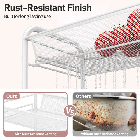 Close-up of Four Tier Rolling Metal Cart With Three Hooks, showcasing rust-resistant finish and red tomatoes on top tier basket.