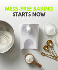 Mess-Free Flour Funnel Attachment for Stand Mixers with Extended Splash Guard displayed with bowl and measuring tools.