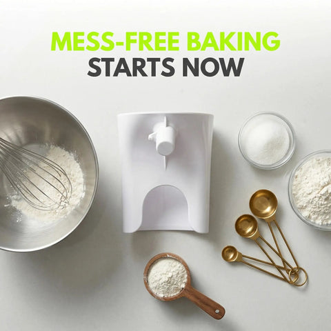 Mess-Free Flour Funnel Attachment for Stand Mixers with Extended Splash Guard displayed with bowl and measuring tools.
