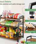 Three Tier Wooden Countertop Organizer For Kitchen And Office Space Saver displaying soda cans and snacks, white with black accents.