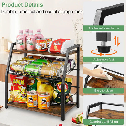 Three Tier Wooden Countertop Organizer For Kitchen And Office Space Saver displaying soda cans and snacks, white with black accents.