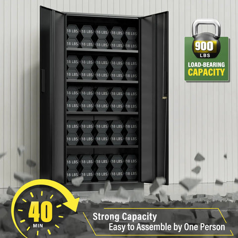 Front view of 72 Inch Black Steel Garage Storage Cabinet With Doors And Adjustable Shelves Lockable Metal Cabinet displaying load capacity.