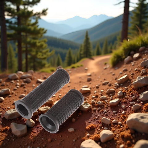 Two Piece Black MTB Handlebar Grips For Twist Shifters Shockproof Anti Slip TPR Rubber resting on a rocky mountain trail