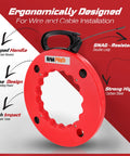 100ft Fiberglass Fish Tape Wire Puller With Durable Steel Spring Core And Ergonomic Handle showing ergonomic design for cable installation.