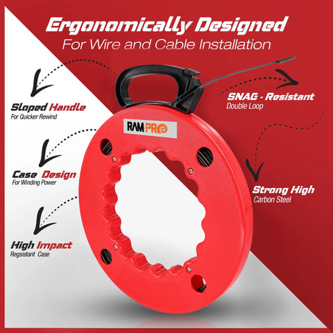 100ft Fiberglass Fish Tape Wire Puller With Durable Steel Spring Core And Ergonomic Handle showing ergonomic design for cable installation.