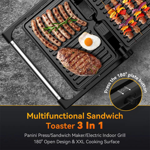 Yashe 1200W Panini Press Grill and Sandwich Maker With Nonstick Plates, cooking sausages, steak, and a fried egg on griddle.