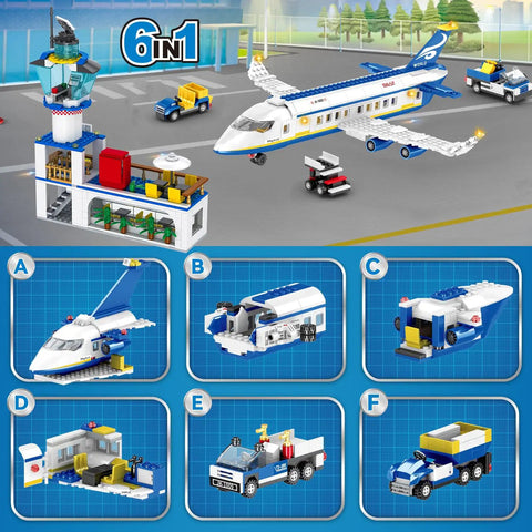 880 Piece City Airport Terminal Building Set, 6 In 1 Airplane Building Blocks Toy with control tower and aircraft models