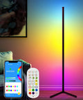 Rgb Corner Floor Lamp With App Control And Remote Music Sync 16 Million Colors illuminating in a living room setup with phone app.