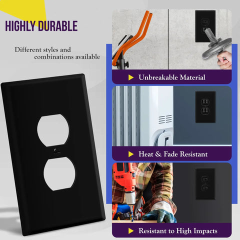 Oversized 1-Gang Wall Plate For Duplex Receptacles, Jumbo Black Glossy Outlet Cover, durable polycarbonate, heat resistant