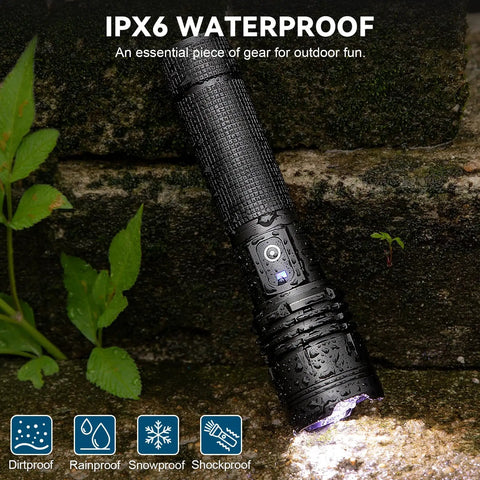 Rechargeable LED Flashlight Beast Bright 100,000 Lumens Tactical Torch With 5 Modes Adjustable Focus Waterproof in rugged outdoor setting