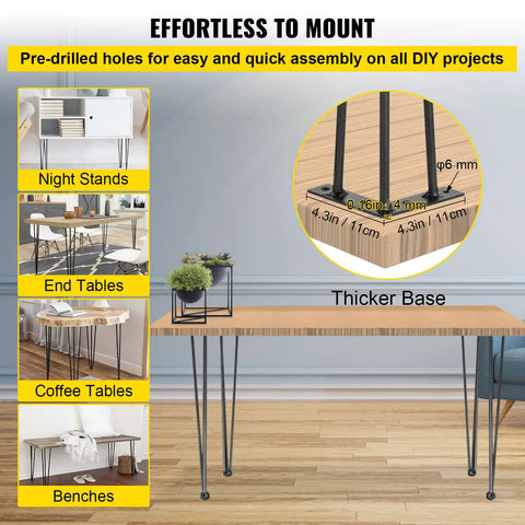 Beefy Heavy Duty Hairpin Table Legs 24 Inch Black Set Of 4 Carbon Steel With Three Rods For Desks Benches Tables And Chairs 880 Pounds Total Load Capacity DIY Furniture Support mounted on wood tabletop