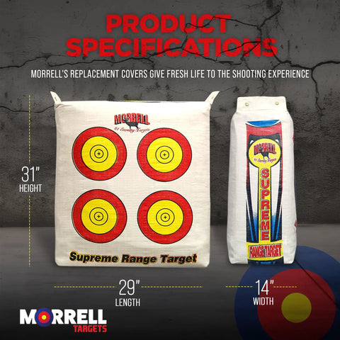 Weatherproof Supreme Range Archery Bag Target For Adults with NASP scoring rings, showing dimensions and branding, white color.