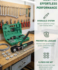 10 Ton Hydraulic Wire Rope Crimping Tool Featuring Eleven Die Sets For Double Barrel Sleeves and Stainless Steel Cable Railing Terminals with carrying case.