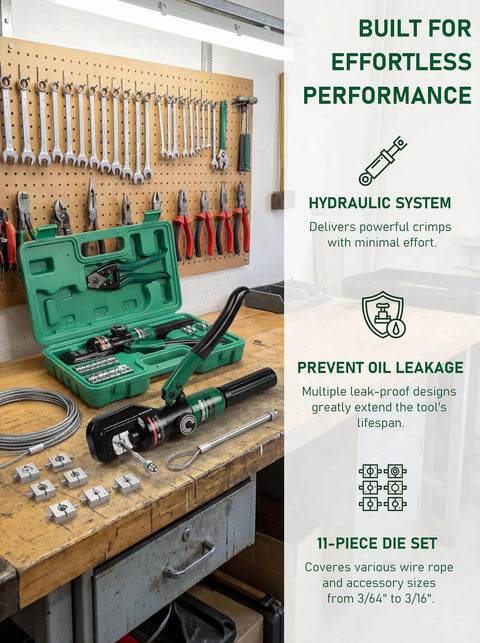 10 Ton Hydraulic Wire Rope Crimping Tool Featuring Eleven Die Sets For Double Barrel Sleeves and Stainless Steel Cable Railing Terminals with carrying case.