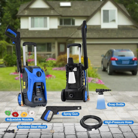 Powerful Electric Pressure Washer for Cars and Outdoor Cleanup with Auto Stop TSS, 20ft High Pressure Hose displayed with accessories.