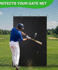 Daily Batting Cage Backstop 4x6 Heavy Duty Reinforced Net Saver in use, athlete hitting baseball, outdoors, protecting cage.