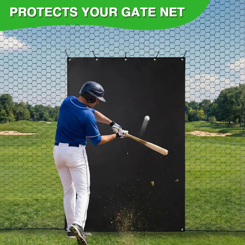 Daily Batting Cage Backstop 4x6 Heavy Duty Reinforced Net Saver in use, athlete hitting baseball, outdoors, protecting cage.