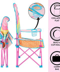 Ice Cream Themed Kids Folding Camp Chair with cup holder, colorful design, showing folded and upright views with carry bag included.